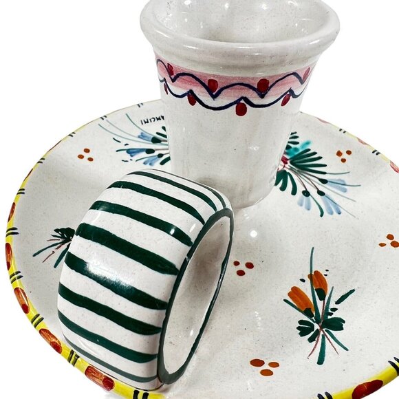 Italian Hand Painted Candle Stick Holder Pottery Ceramic Floral Signed White - Picture 7 of 9